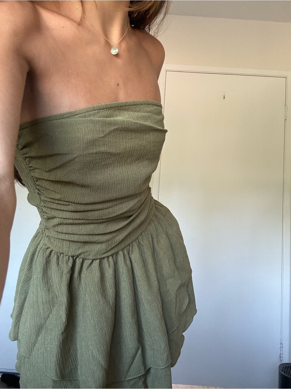 Cider Olive Green Strapless Ruffle Mini Dress